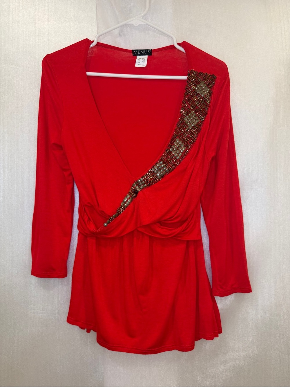 VENUS Red Embellished Wrap-Front V Neck Blouse